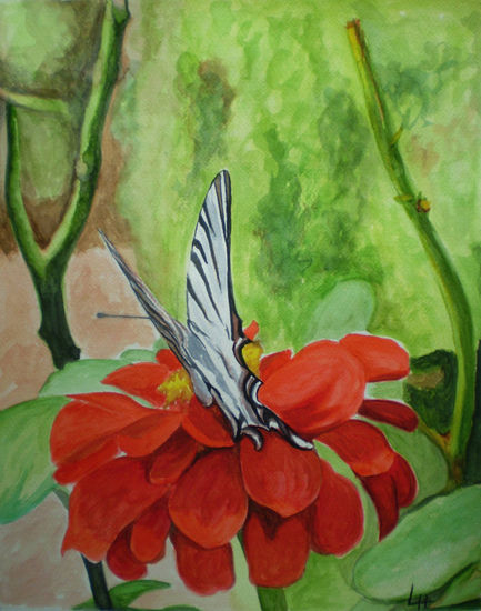 Flor con mariposa Watercolour Paper Floral Painting