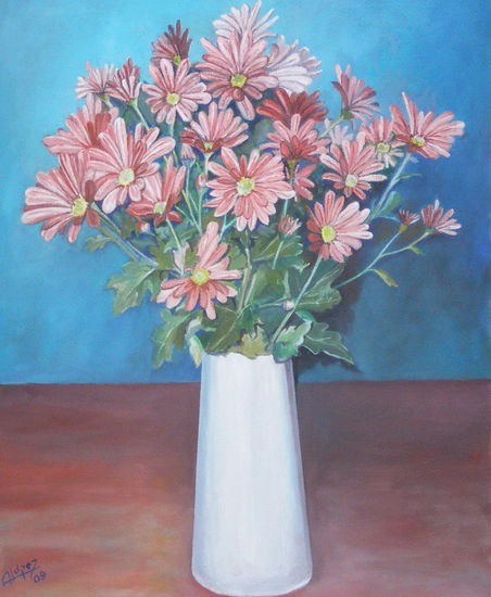 CRISANTEMOS Oil Panel Floral Painting