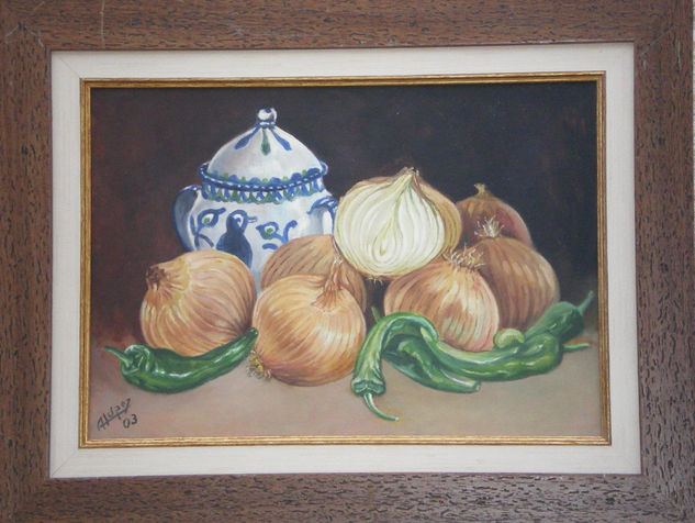 AZUCARERO CON CEBOLLAS Y PIMIENTOS Oil Panel Still Life Paintings