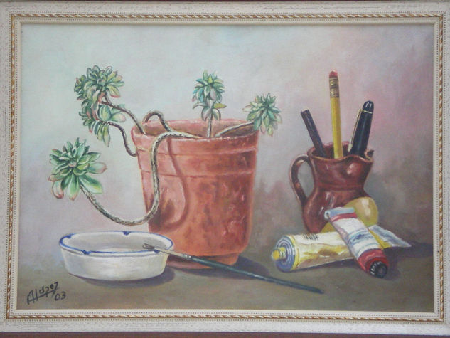 MACETA Y OTROS UTENSILIOS Oil Panel Still Life Paintings