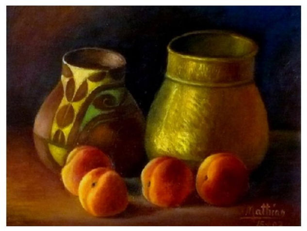 Bodegón con melocotones. Oil Canvas Still Life Paintings