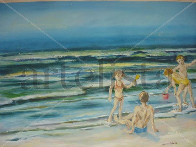 Brincando na praia Oil Textile Marine Painting