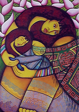 MUJER CON HIJA Y HELICONIAS ROSADAS