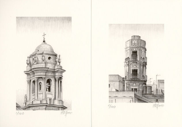 Litografías III y IV pertenecientes a la colección "Torres de Cádiz"
