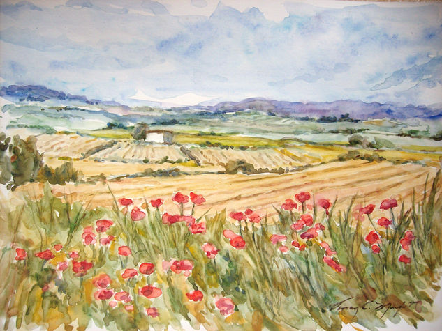 Campos de Belgida - Amapolas Acuarela Papel Paisaje