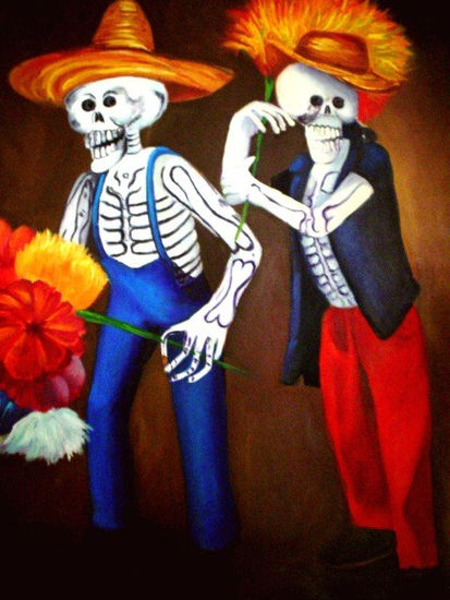 "Los compadres en día de muertos" Óleo Lienzo Figura