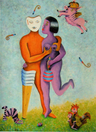 "Luna de miel con suegra" Acrylic Paper Figure Painting