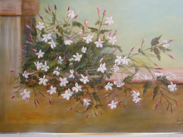 Jazmines en la tapia Oil Canvas Floral Painting