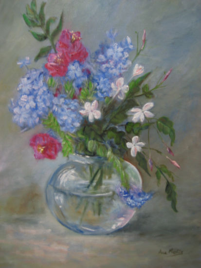 Flores con jarron cristal Oil Canvas Floral Painting