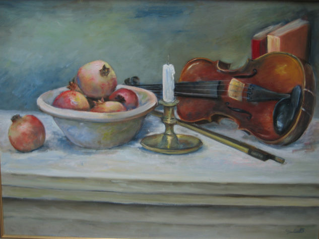 Violín con granadas Oil Canvas Still Life Paintings