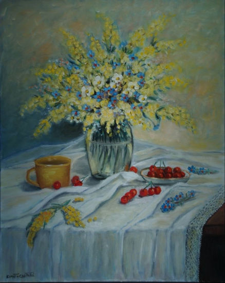 BODEGON con mimosa Oil Canvas Still Life Paintings