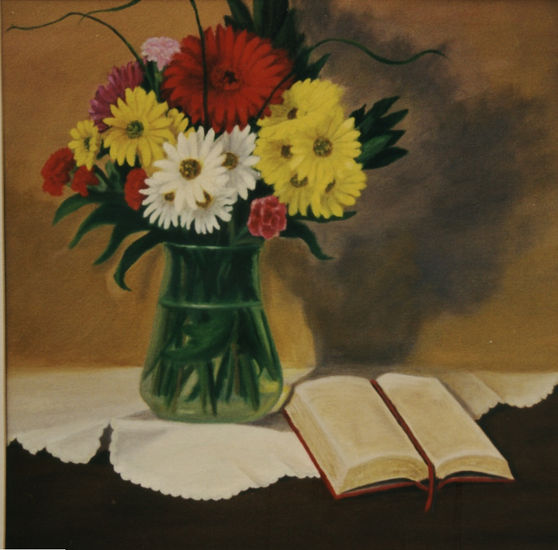 Flors amb llibre Oil Canvas Still Life Paintings