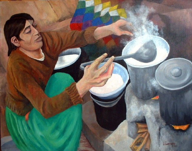 Mujer quechua cocinando Acrylic Canvas Figure Painting