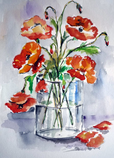 Amapolas en un jarro de cristal Watercolour Paper Floral Painting