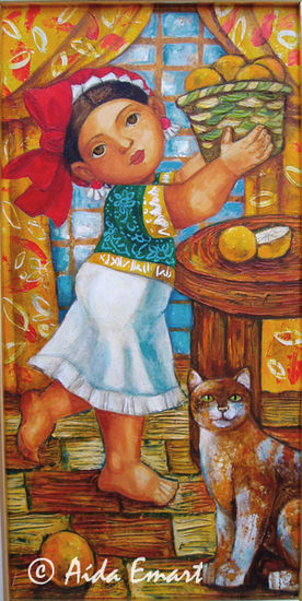 Niña frida y Gato Acrylic Canvas Animals