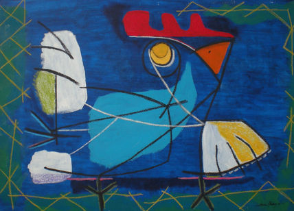 Gallo mirando  la luna