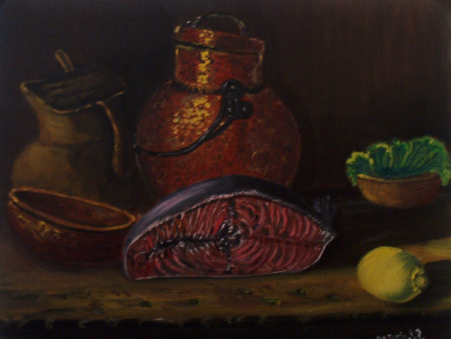 Bodegon de Atun Oil Canvas Still Life Paintings