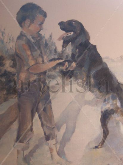 perro con niño Oil Canvas Landscaping