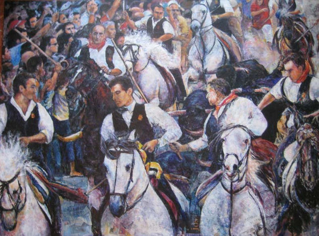 Entrada de toros con caballistas 