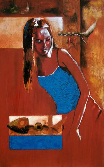 DIBUJO DE DOMINGO EN AZUL Mixed media Panel Figure Painting