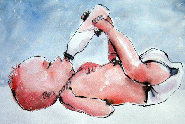 Bebe tomando su biberon Watercolour Paper Figure Painting