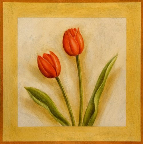 Tulipas rojas. Mixed media Paper Floral Painting