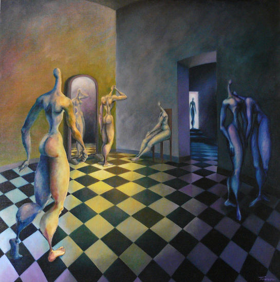 HABITACIÓN  CON  FIGURAS. Oil Canvas Figure Painting