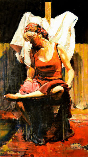 Gitana aseando sus pies. Óleo Tabla Figura