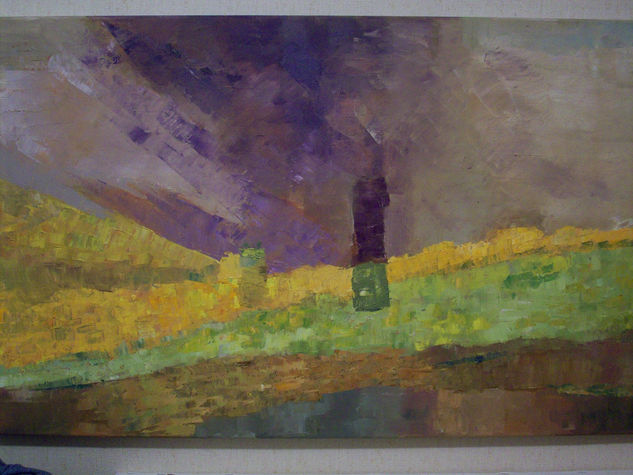 paisaje imaginario en verdes y violetas 