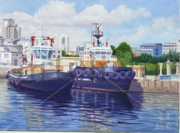 Remorcadores en el Puerto Oil Canvas Marine Painting