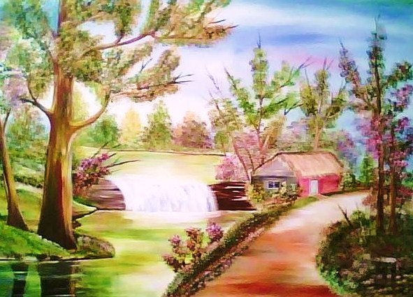 casita con rio Oil Canvas Landscaping