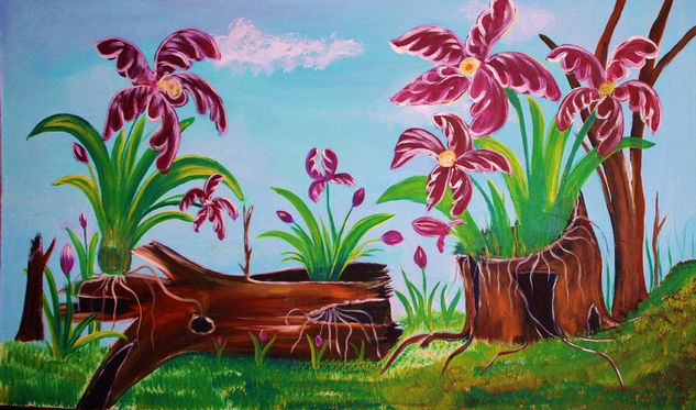 Orquideas silvestres en troncos Oil Canvas Landscaping