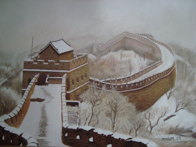 MURALLA CHINA NEVADA Pastel Papel Paisaje