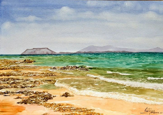 Lobos y Lanzarote desde playa de Corralejo Acuarela Papel Paisaje