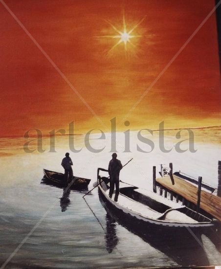 PESCADORES AL ATARDECER Óleo Lienzo Paisaje