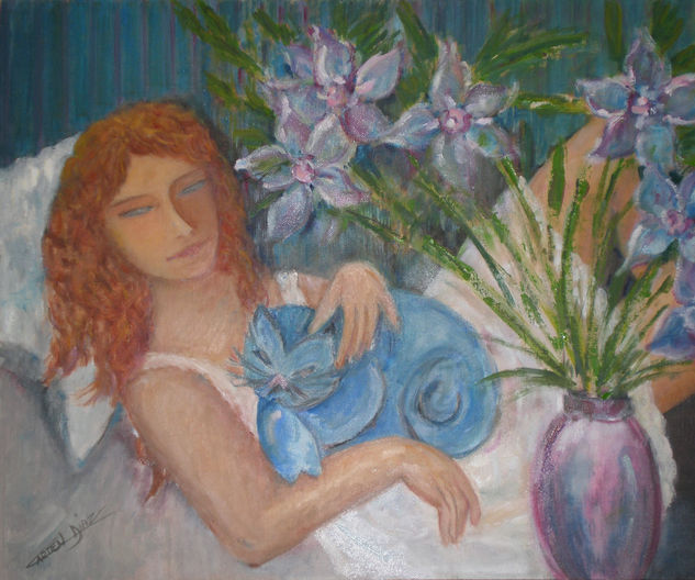 El gato triste y azul Oil Panel Figure Painting