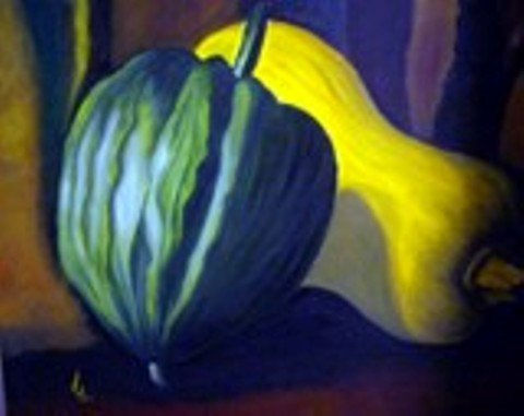 2 Calabazas Oil Textile Still Life Paintings