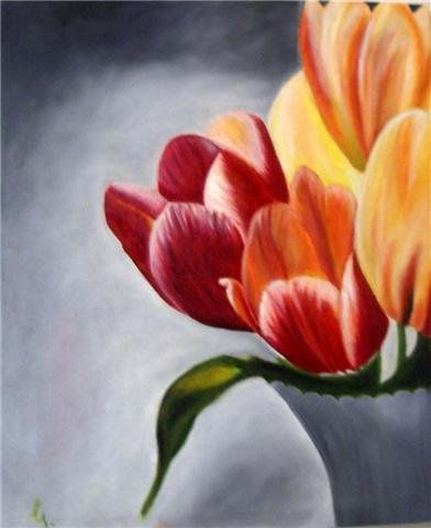 JARRON DE TULIPANES Oil Canvas Floral Painting