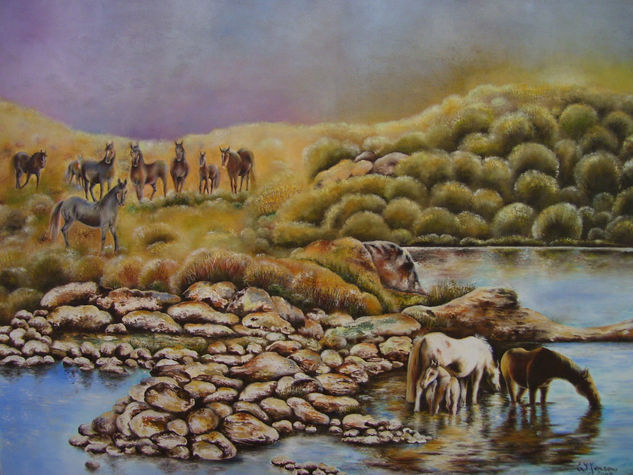 caballos bebiendo en el rio Oil Canvas Landscaping