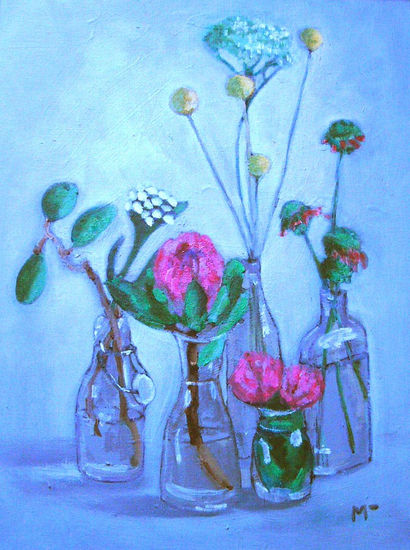 "Flores en frascos de cristal" Óleo