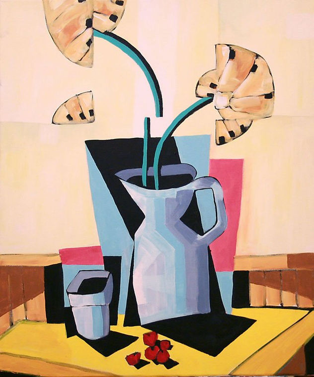 Cerezas, jarrón y vaso.