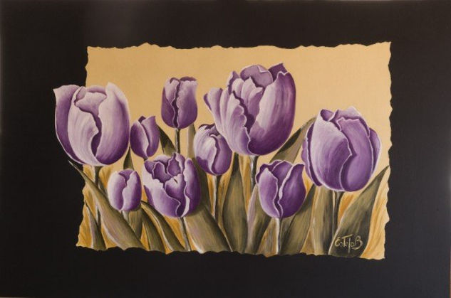 TULIPANES VIOLETA Mixed media Panel Floral Painting