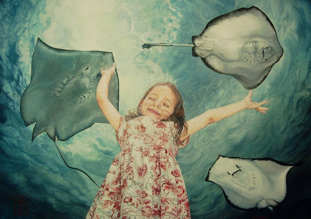 Niña y Mantarrayas Oil Canvas Marine Painting