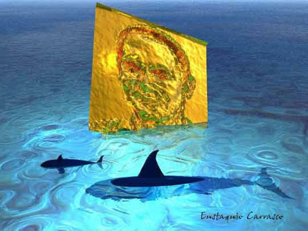 Retrato de oro rodeado de tiburones 