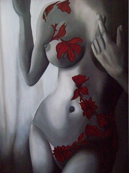 Mujer con flores rojas Oil Canvas Nude Paintings