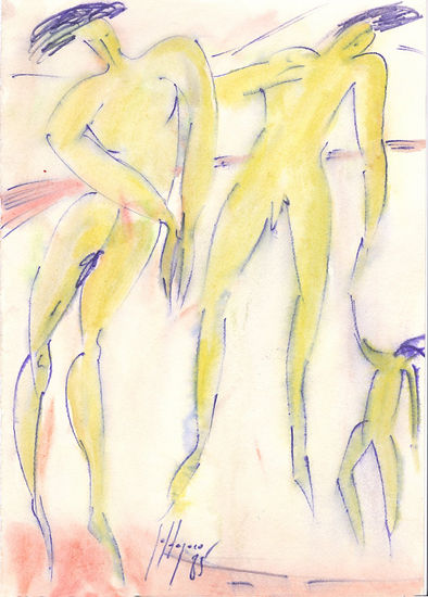 Tres saltos simultáneos Watercolour Card Figure Painting