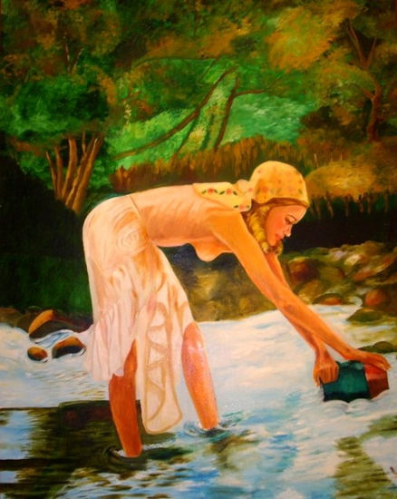 Chica Lavandose en el rio Oil Canvas Landscaping