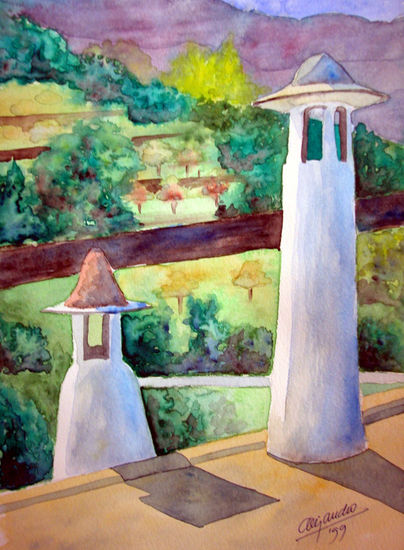 Chimeneas Acuarela Papel Paisaje