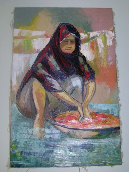 Lavando en el rio Oil Canvas Figure Painting