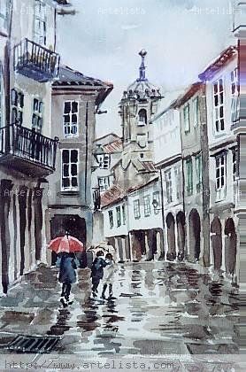 Lluvia en Santiago Gouache Papel Paisaje